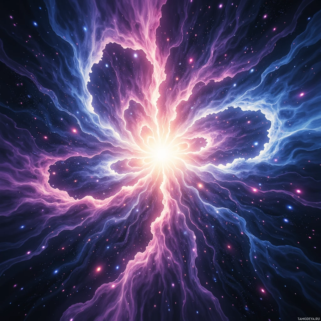 A vibrant cosmic explosion with swirling pink and blue hues and scattered stars.