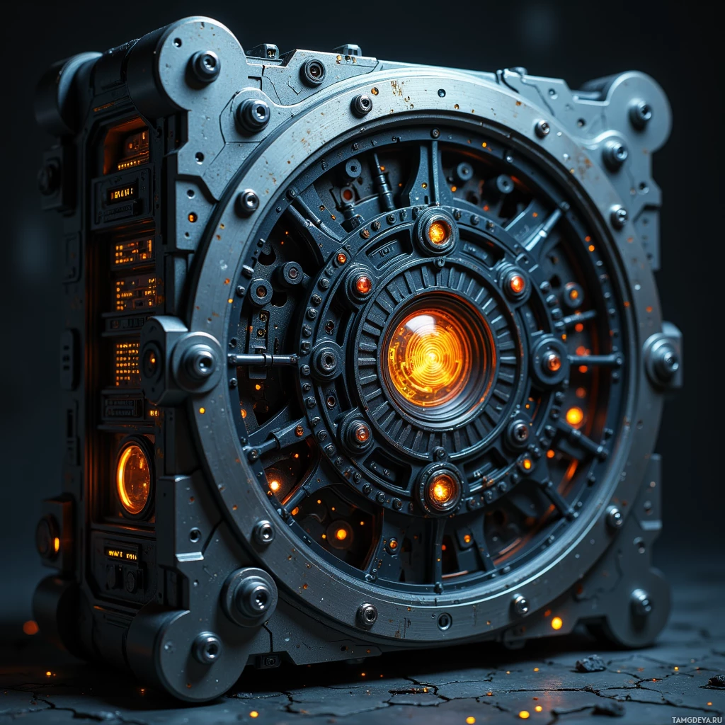 A close-up of a futuristic, metallic device with glowing orange lights and intricate mechanical details.