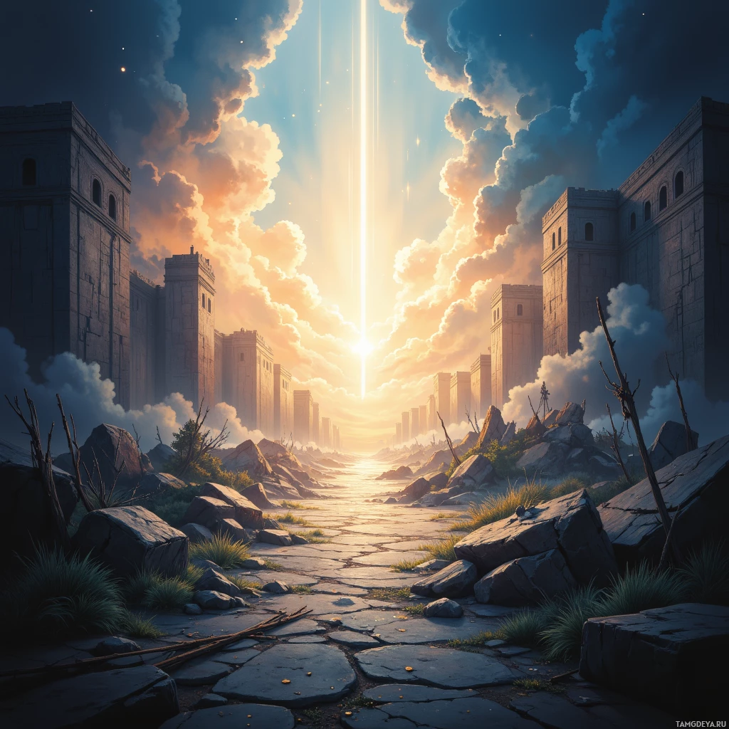 A path leads through a rocky landscape towards a bright, glowing light in the sky.