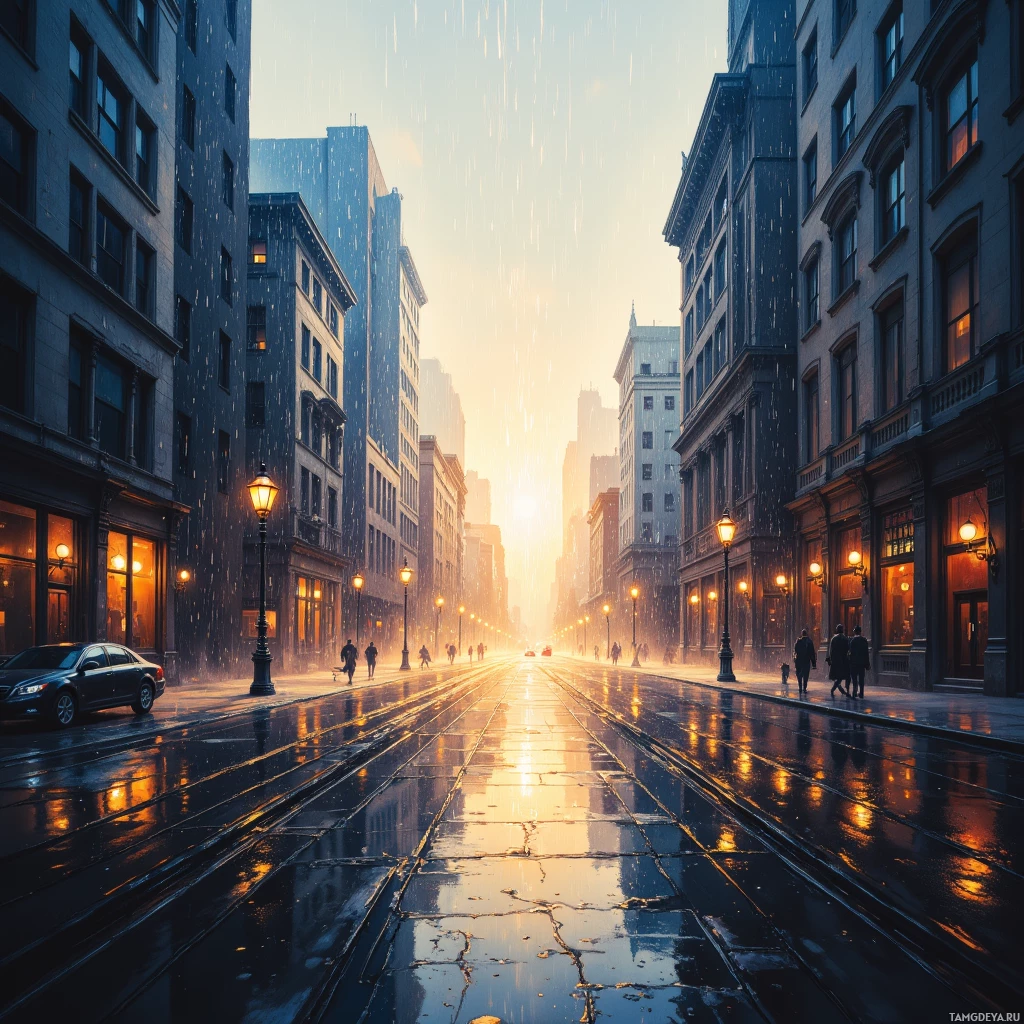 A rainy city street with tall buildings, illuminated streetlights, and people walking.