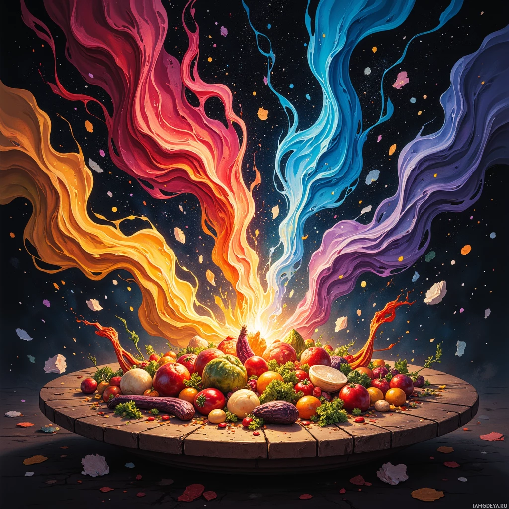 A vibrant display of fruits and vegetables on a wooden table with colorful, swirling flames and particles in the background.