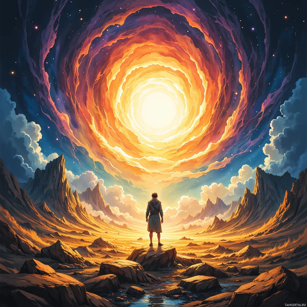 A lone figure stands on rocky terrain beneath a swirling cosmic vortex in a fantastical landscape.