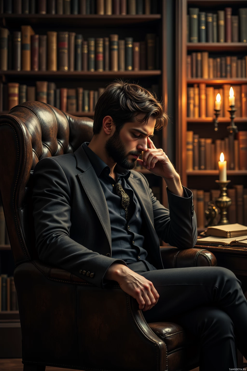 A man in a suit sits in a leather chair in a library, surrounded by bookshelves.