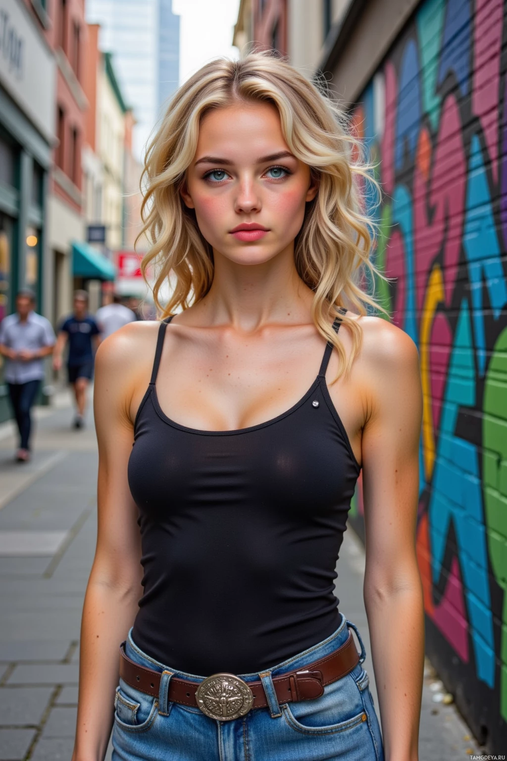 A woman in a black tank top and jeans stands in front of a colorful graffiti wall.