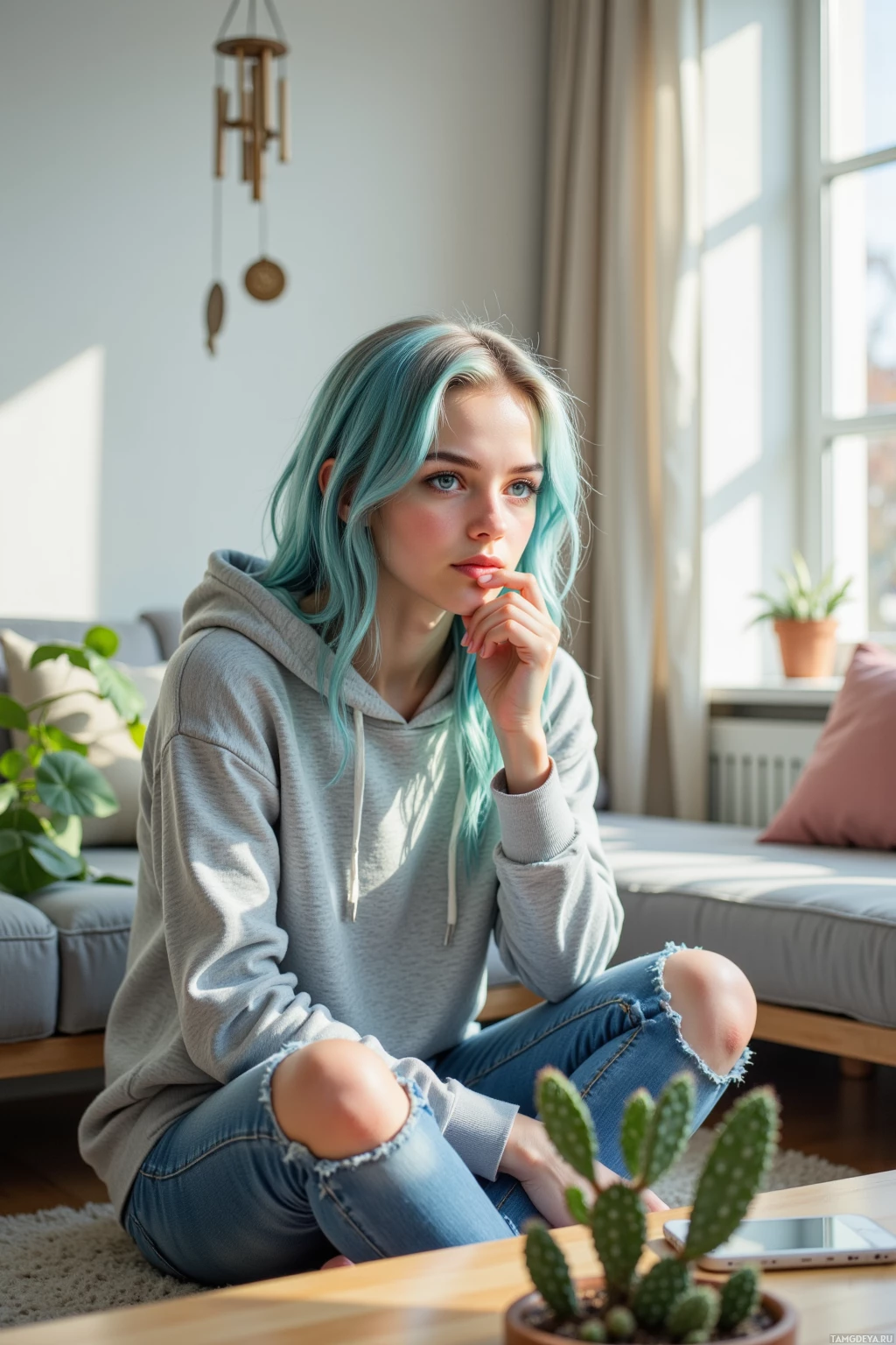 A person with blue-green hair sits on the floor in a cozy living room, wearing a gray hoodie and ripped jeans.