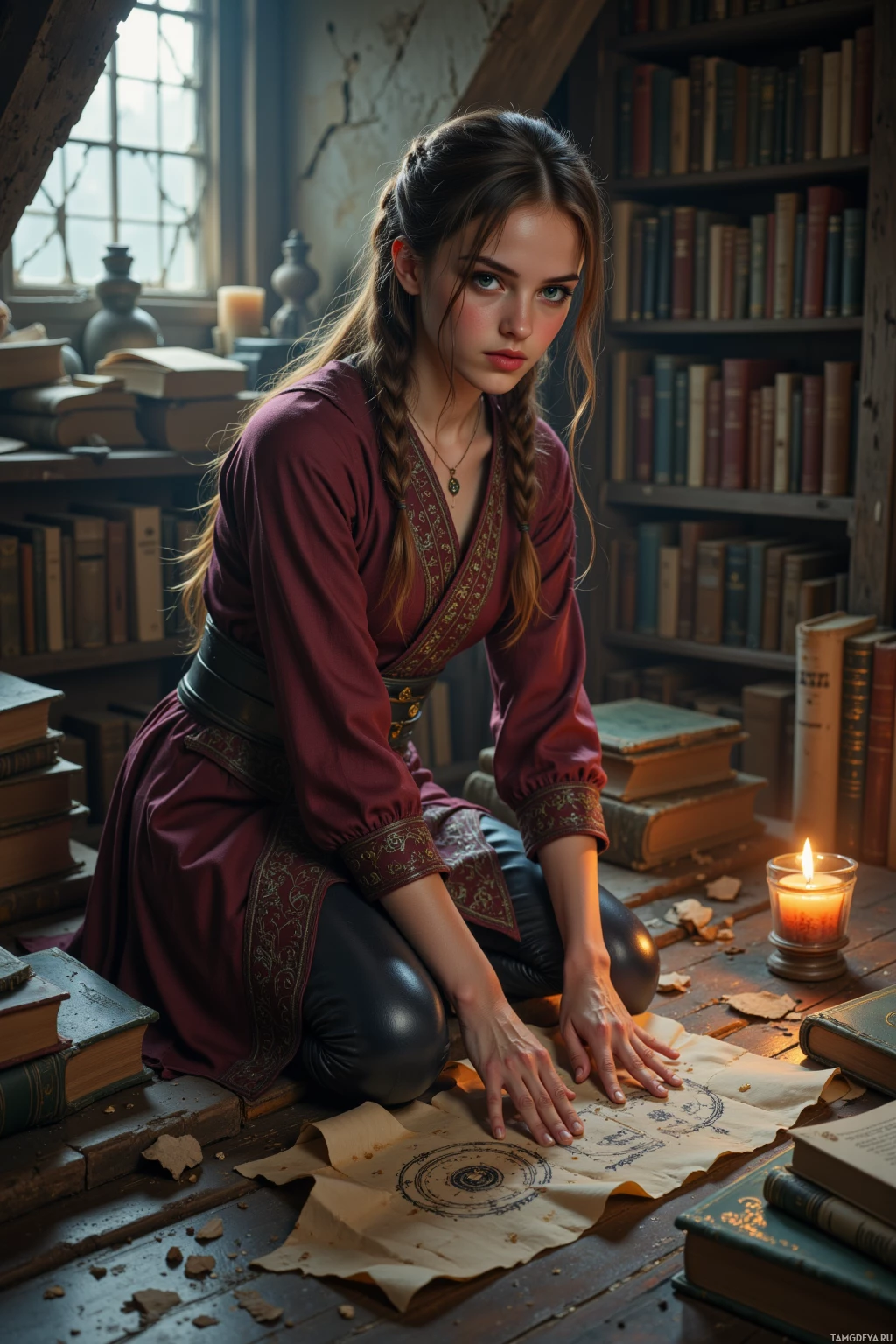 A woman in a medieval-style dress kneels in a dimly lit room filled with books and a lit candle.