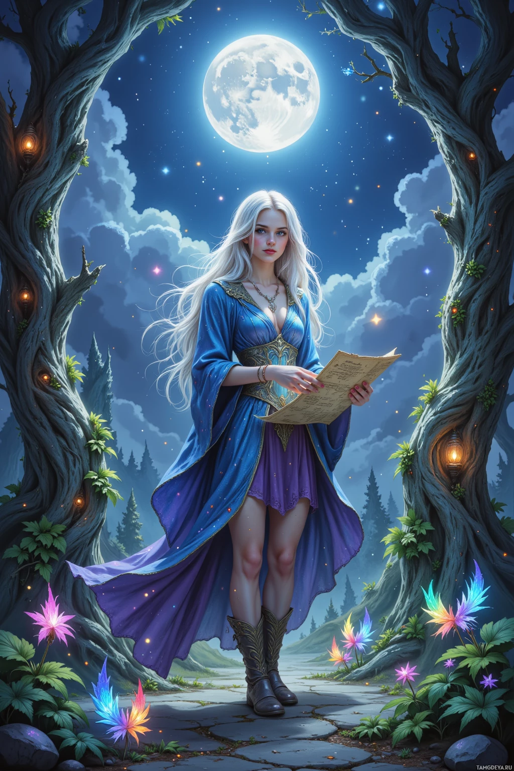 A woman in a blue robe stands under a full moon, surrounded by glowing trees and colorful flowers.