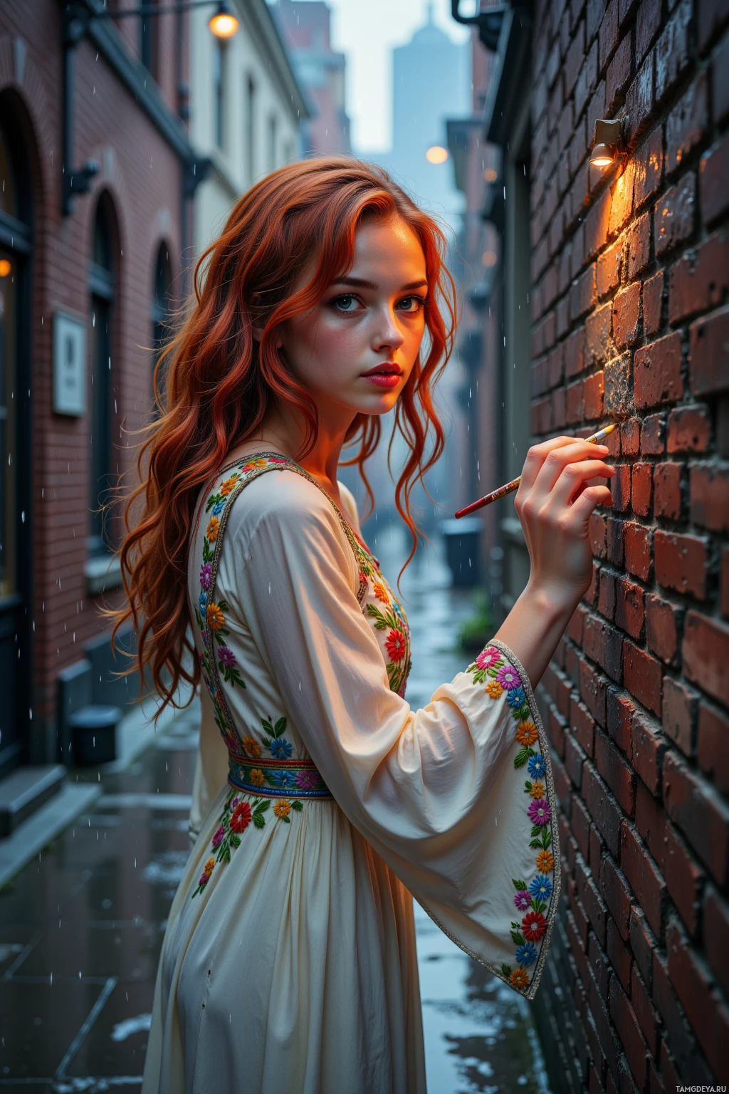 A woman in a white dress with floral embroidery stands in a rainy alleyway, holding a paintbrush against a brick wall.