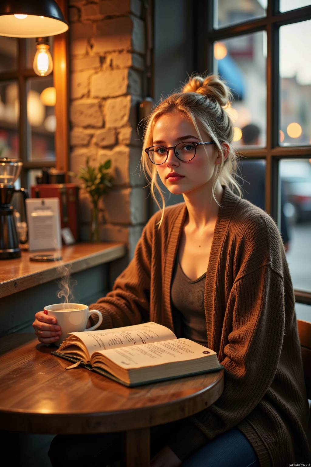 A woman sits at a cafe table, holding a steaming cup of coffee and reading a book.