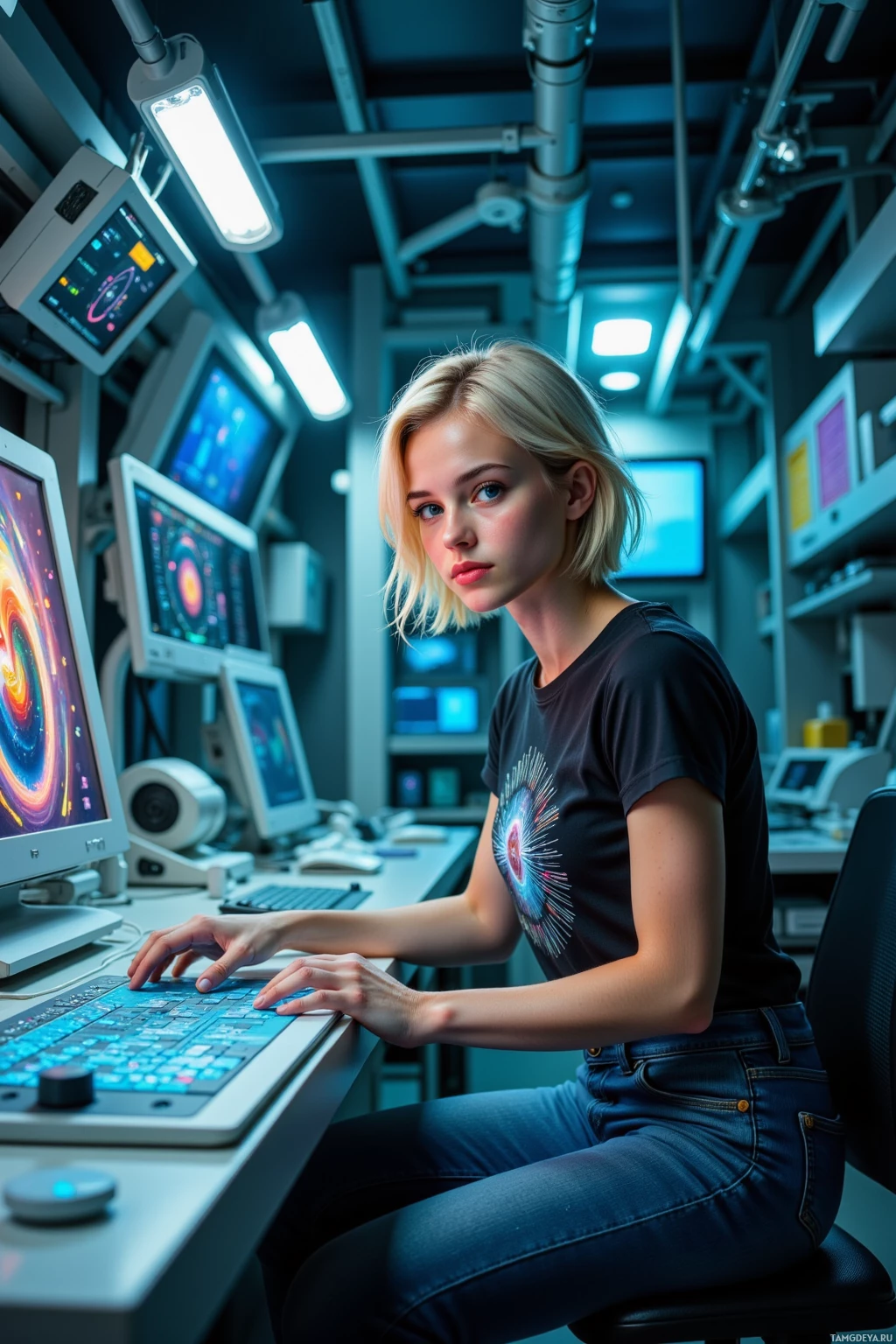 A person is seated at a computer workstation in a modern, high-tech environment with multiple monitors displaying colorful graphics.