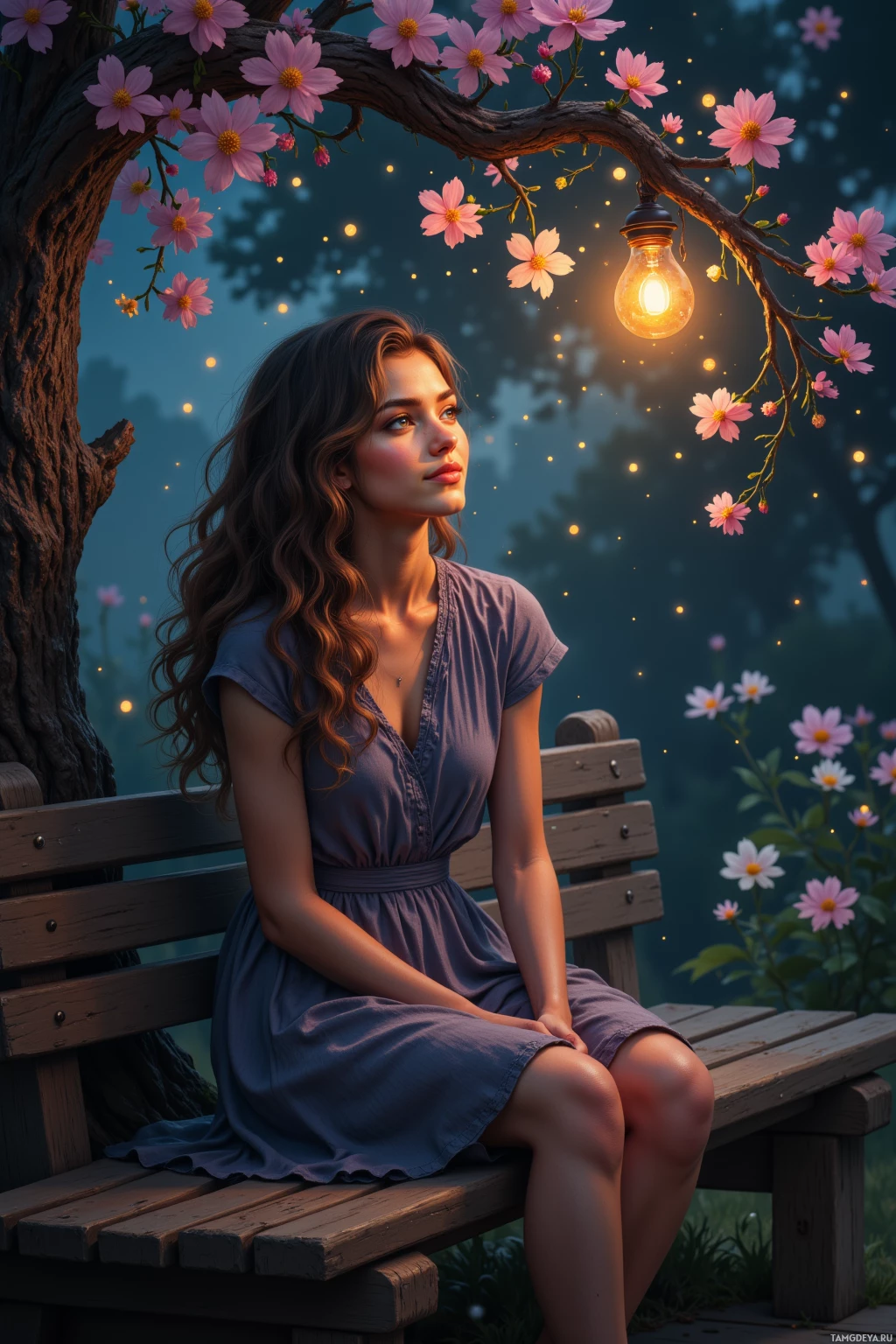 A woman in a purple dress sits on a bench under a tree with pink flowers and a glowing light bulb.