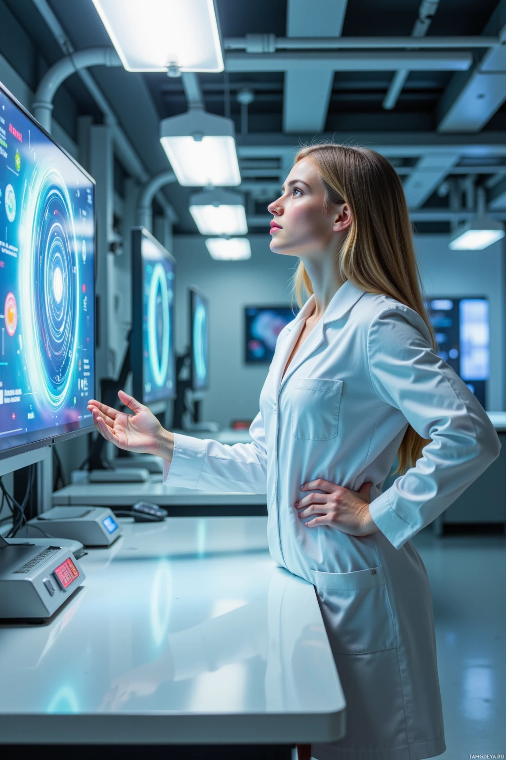 A woman in a lab coat stands in a modern laboratory, interacting with a large screen displaying a scientific interface.
