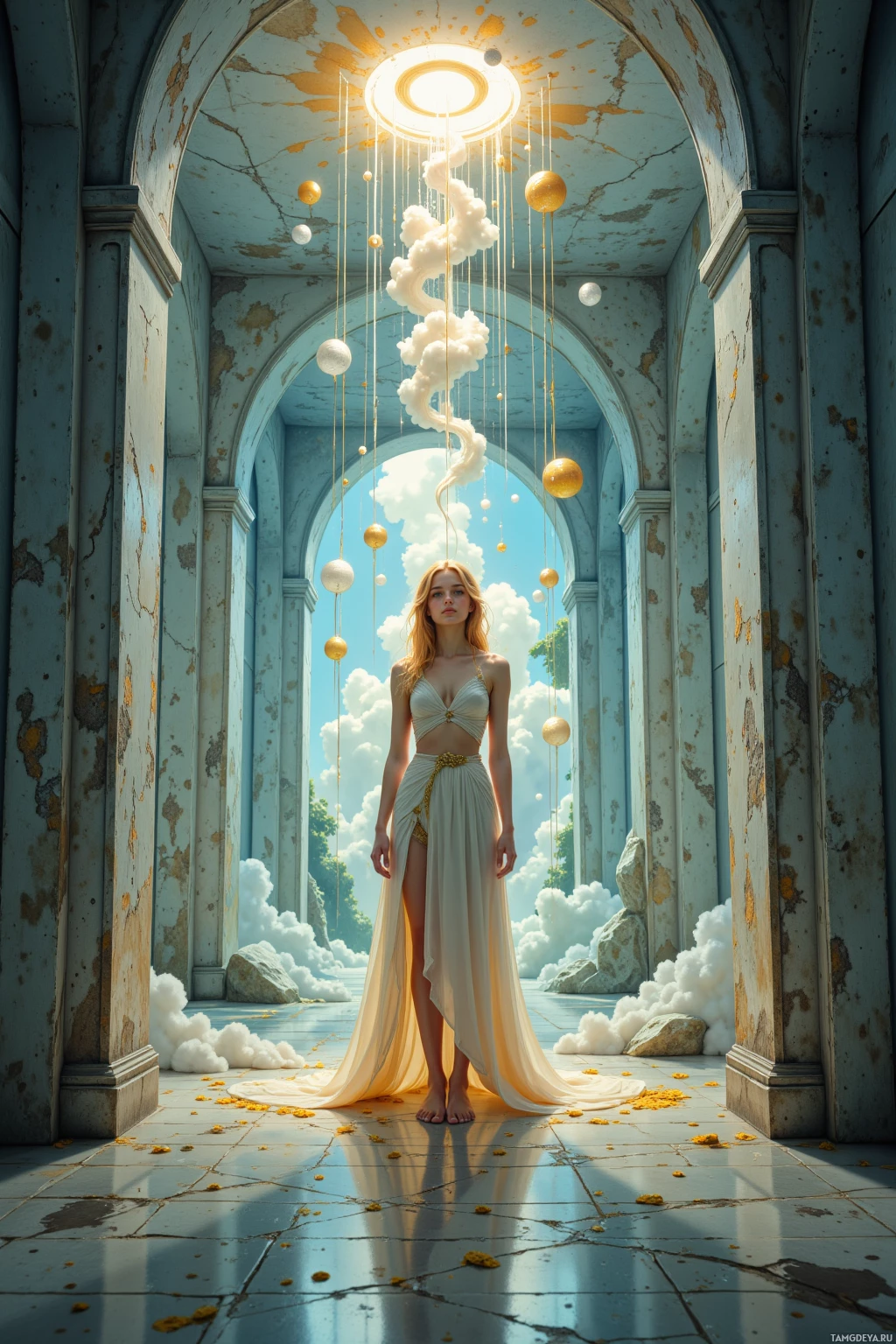 A woman stands in an ornate, ancient-looking hall with floating spheres and clouds above.