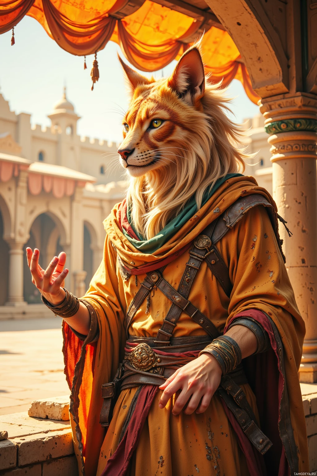 A character with feline features stands in a sunlit courtyard, dressed in a detailed, ornate outfit.