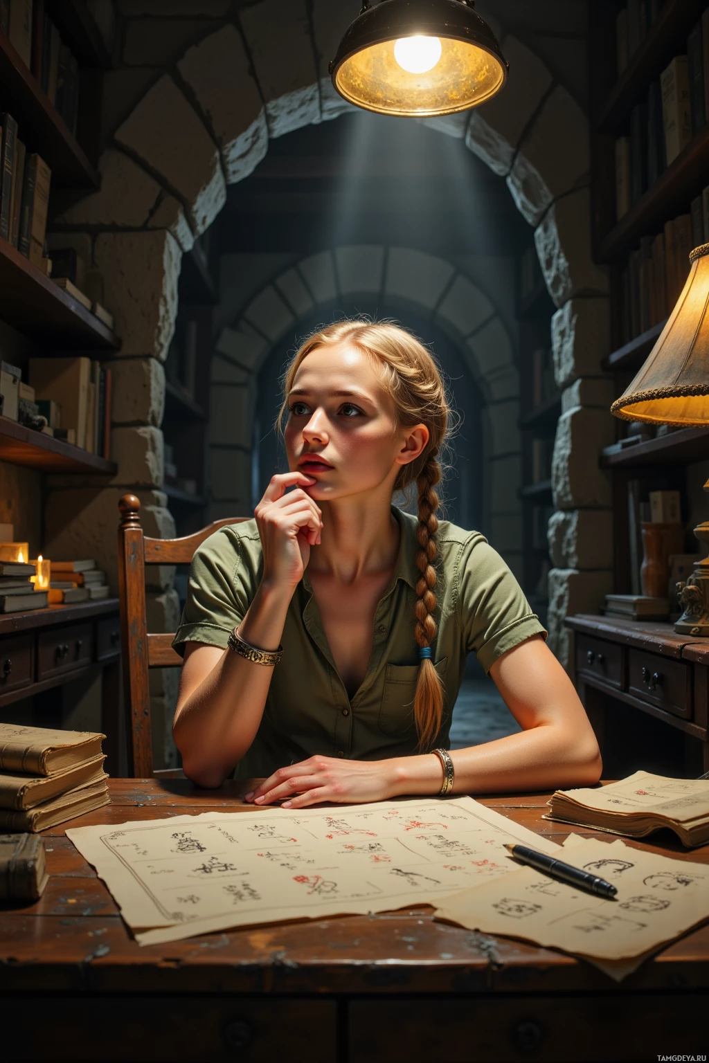 A young woman sits at a desk in a dimly lit library, deep in thought.