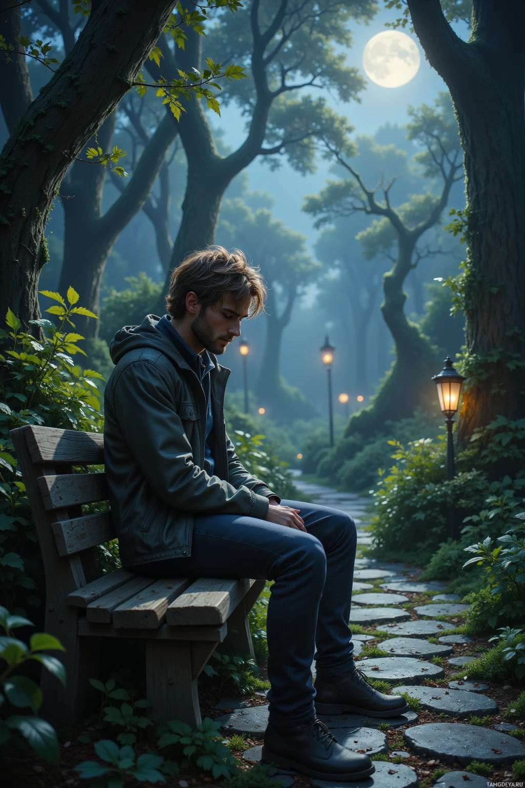 A man sits on a bench in a serene park under a full moon.