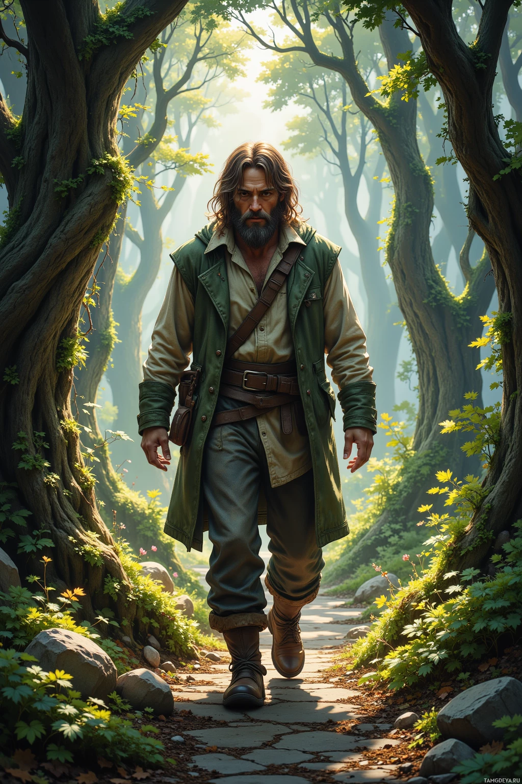 A man in a green vest and brown boots walks through a forested path.