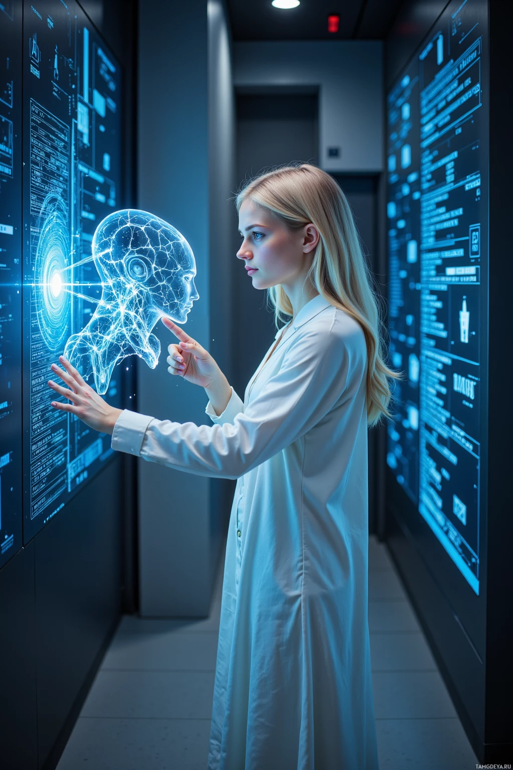 A person in a lab coat interacts with a digital interface displaying a human head model and data.