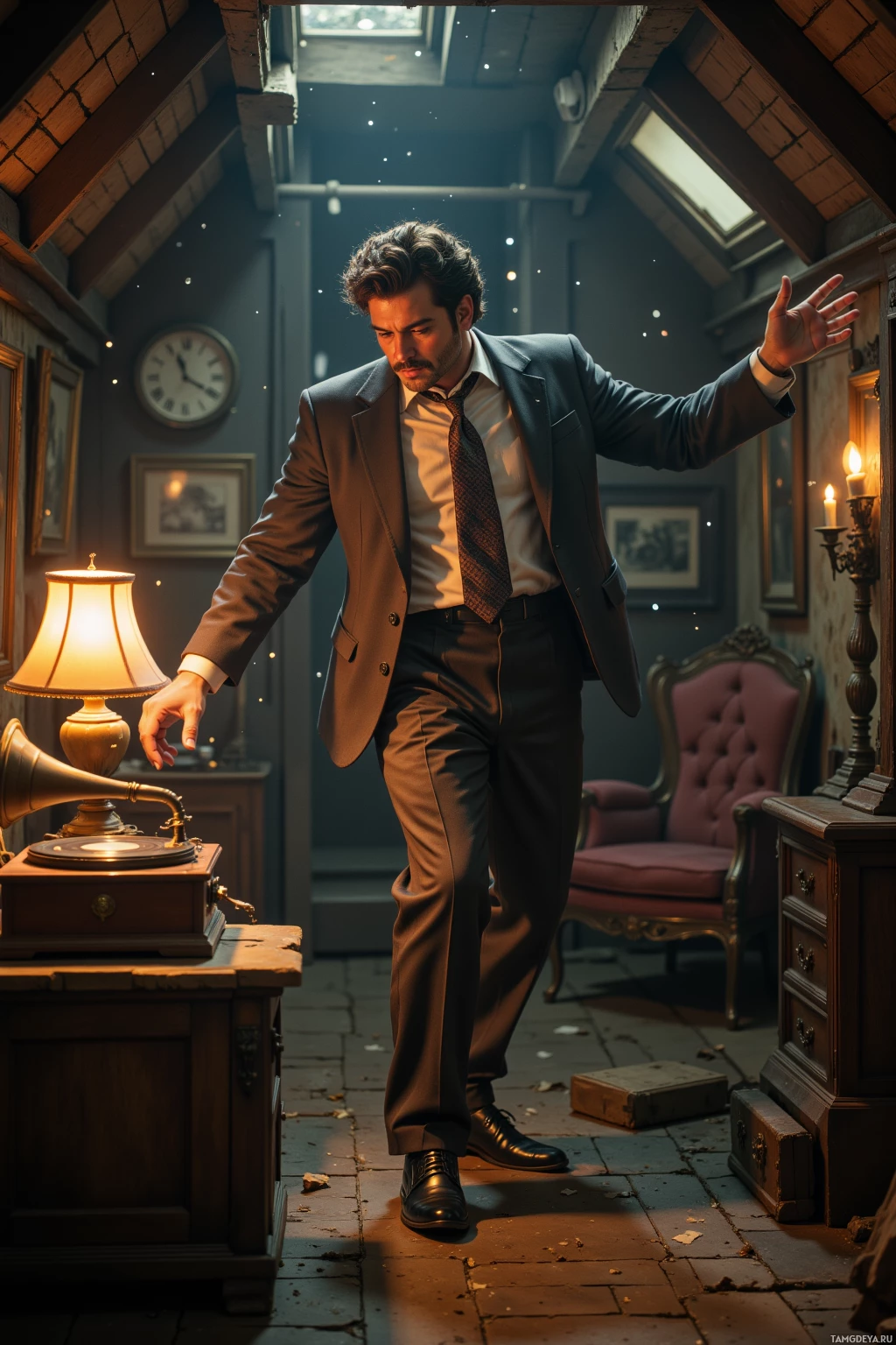 A man in a suit stands in a dimly lit room with a vintage phonograph and a lamp.