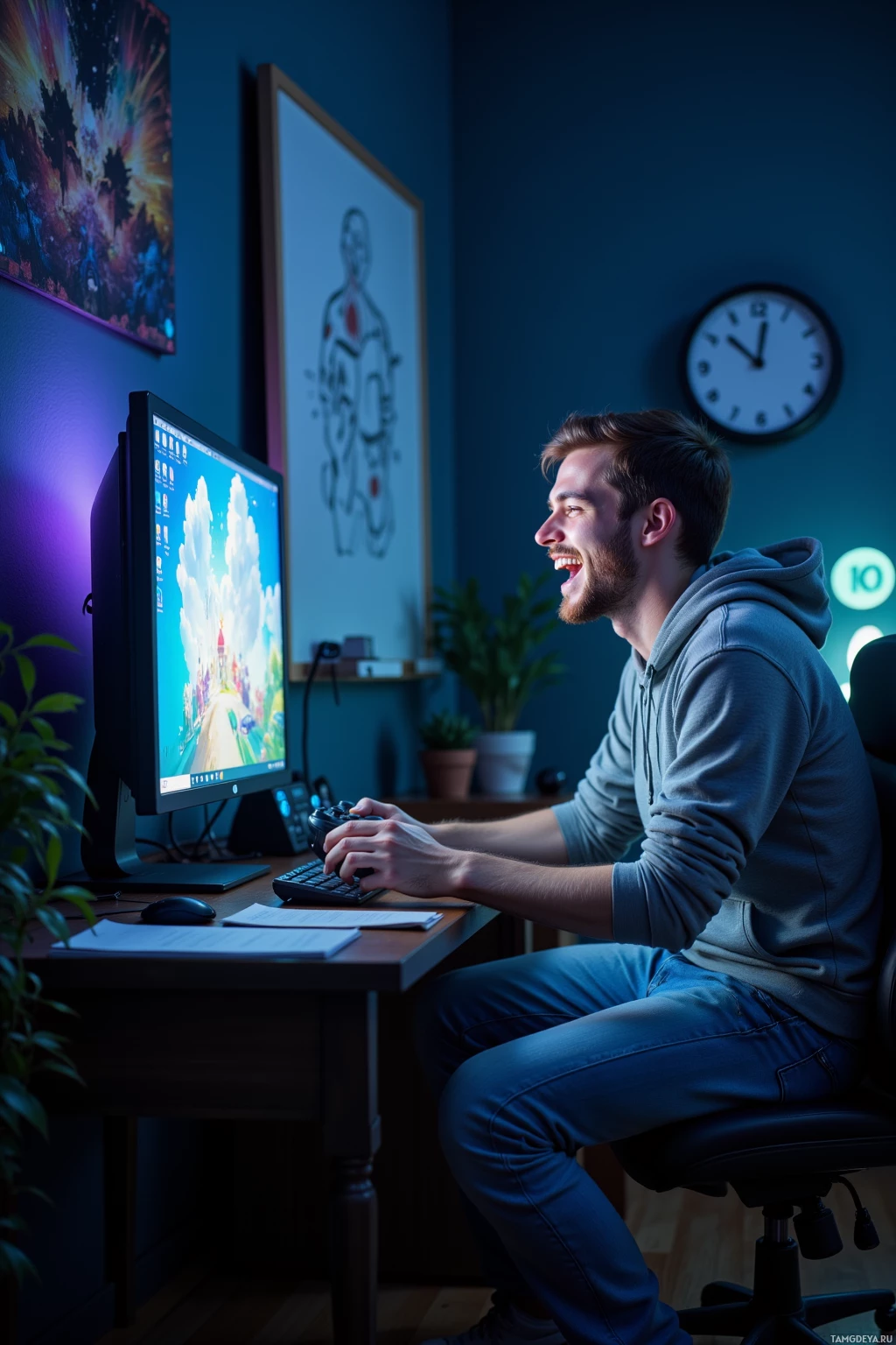 A person is sitting at a desk, playing a video game on a computer.
