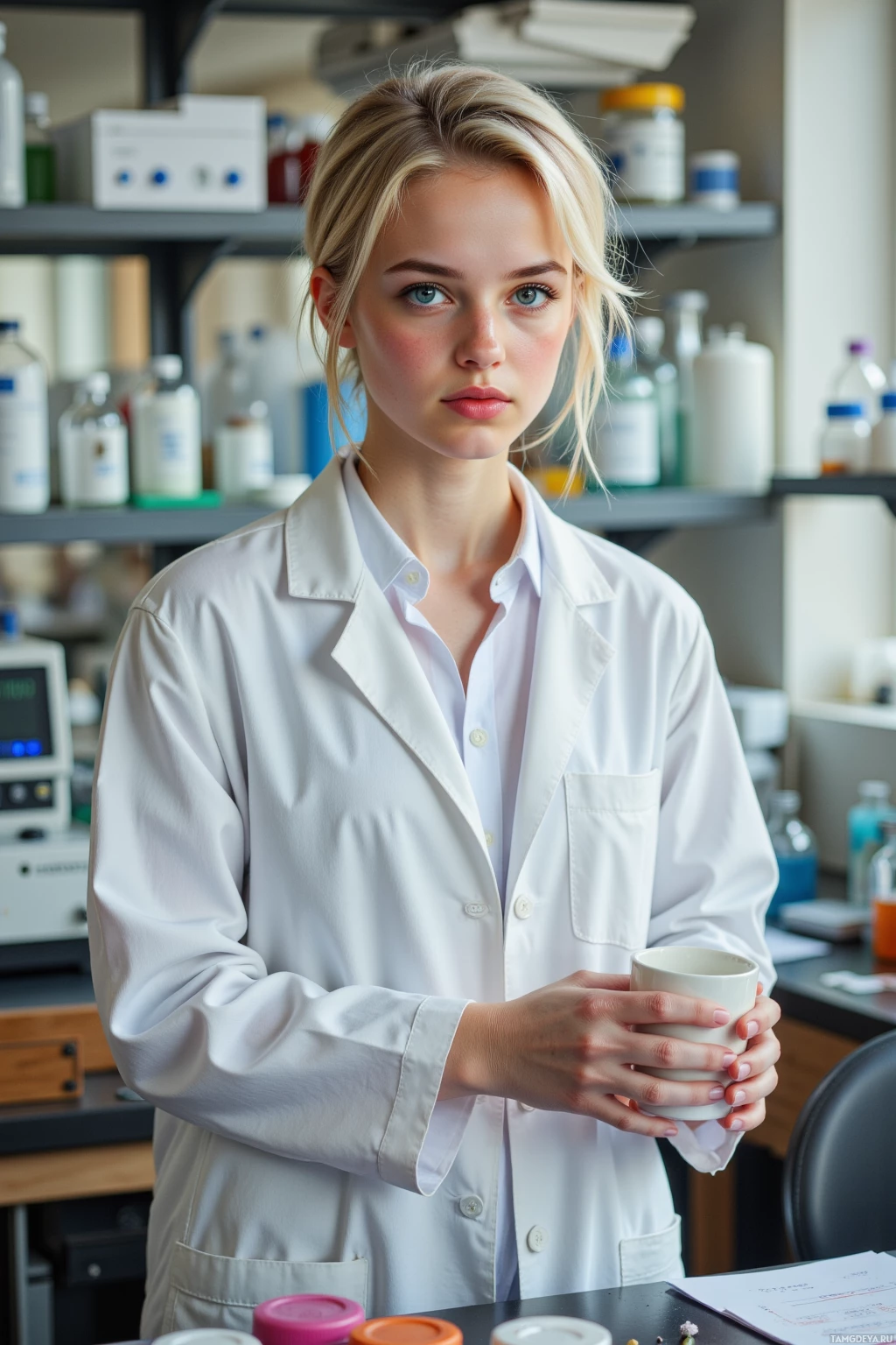 A person in a lab coat holds a cup in a laboratory setting.