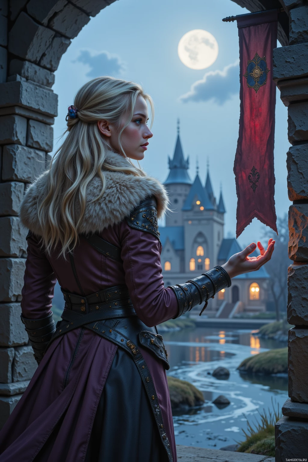 A woman in a medieval-style outfit stands by a stone archway, gazing at a castle under a full moon.