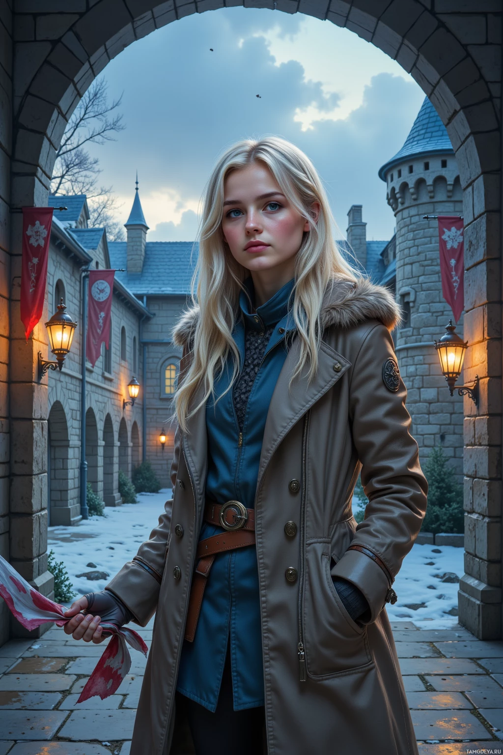 A person stands in front of a stone archway with a castle in the background.