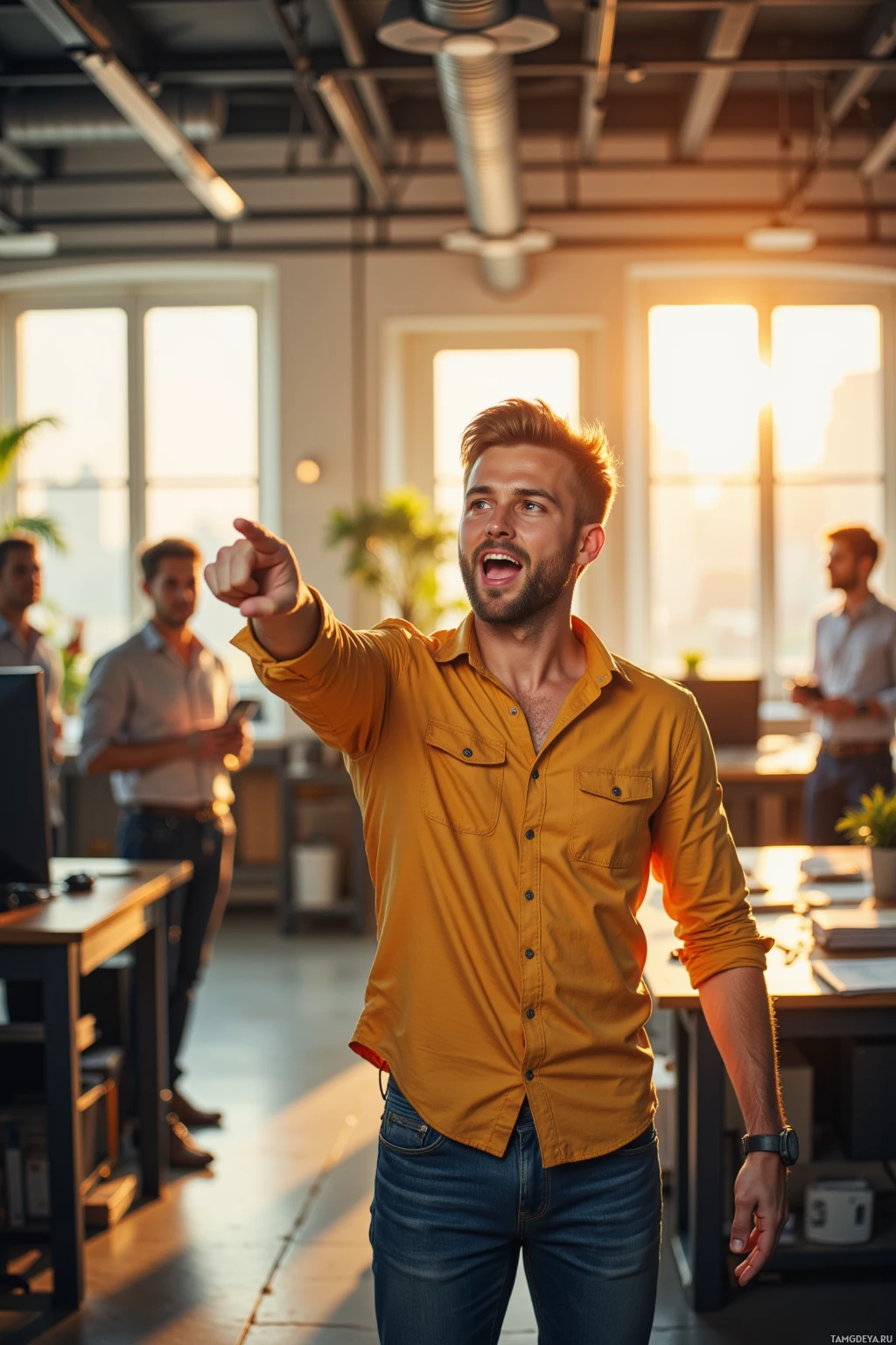 A man in a yellow shirt stands in an office, pointing forward with a confident expression.