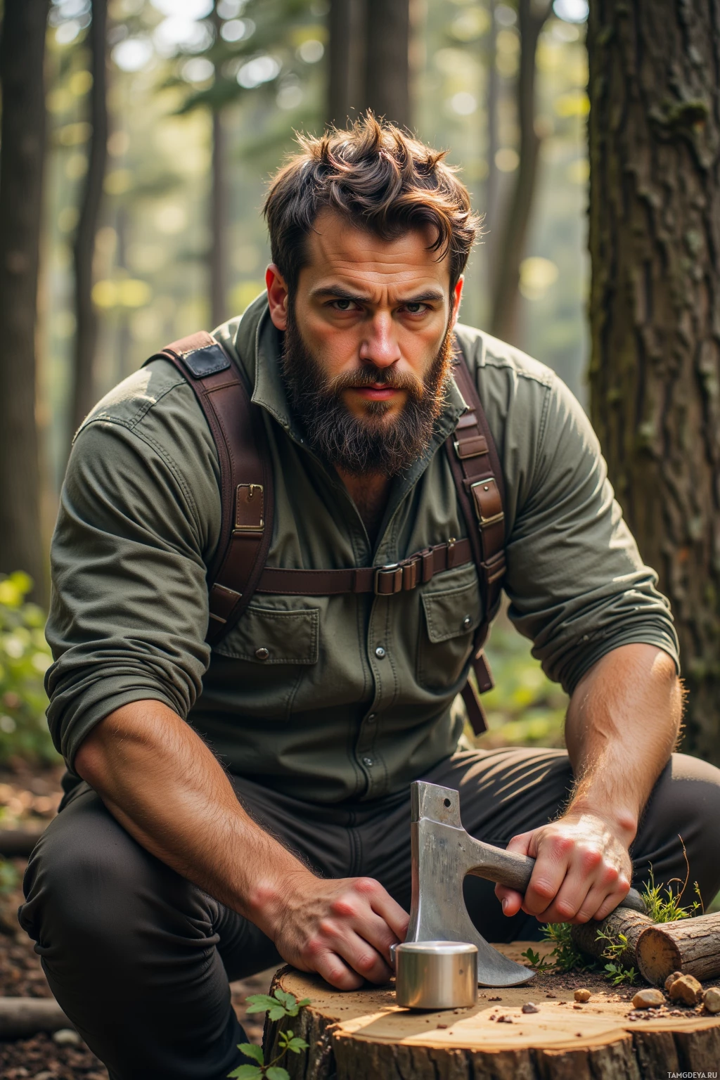A man in a forest setting, kneeling and holding an axe, wearing a green shirt and brown pants.