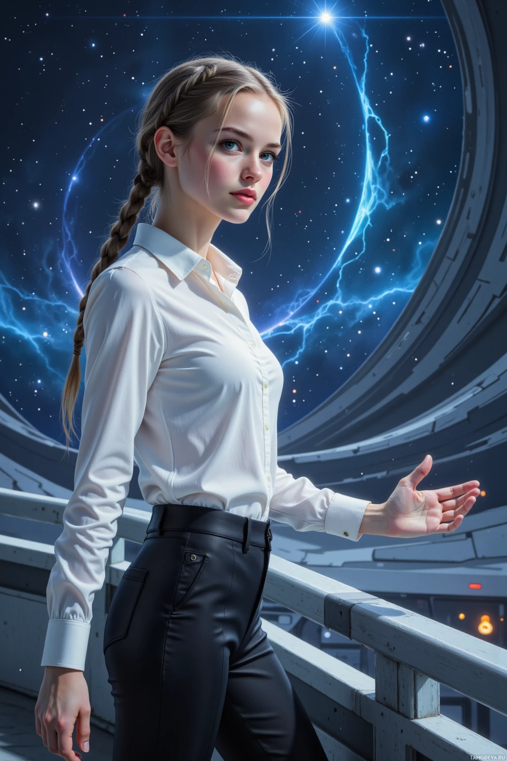A woman in a white shirt and black pants stands on a futuristic platform with a starry space background.