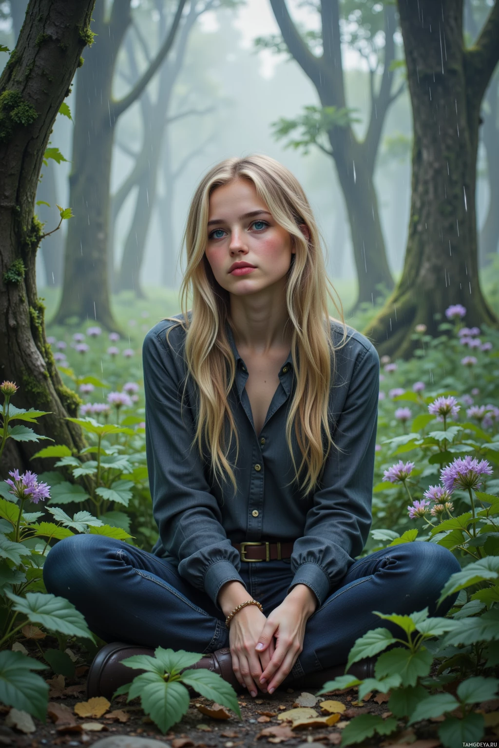 A person sits cross-legged in a misty forest, surrounded by greenery and flowers.