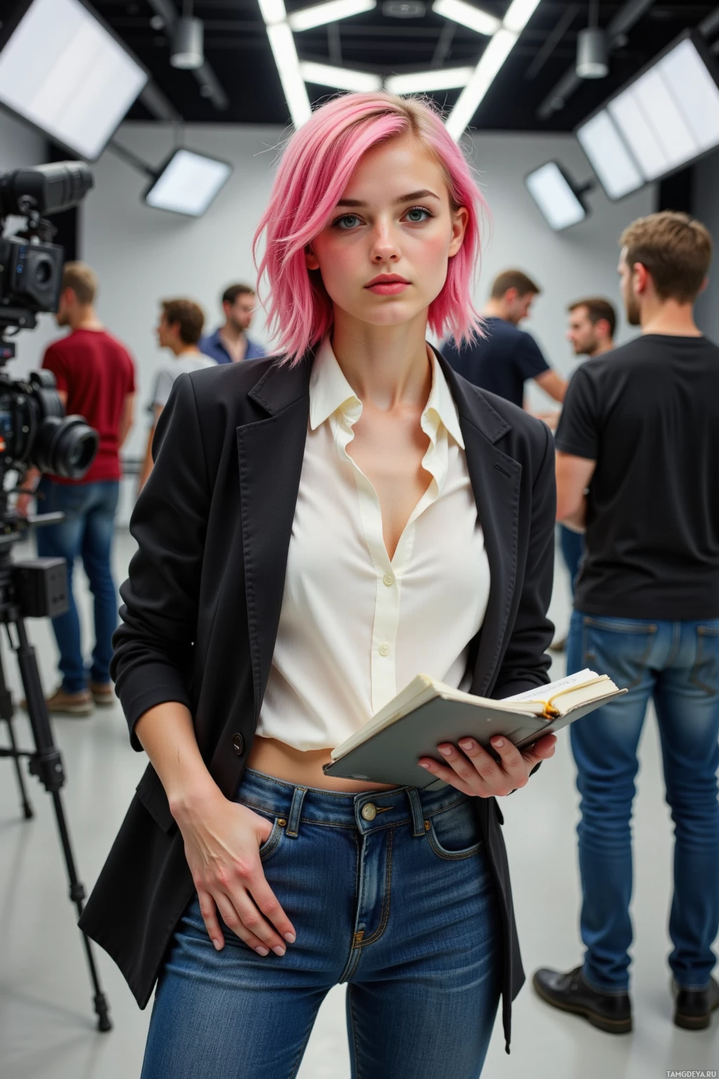 A woman with pink hair stands in a studio setting, holding a notebook.