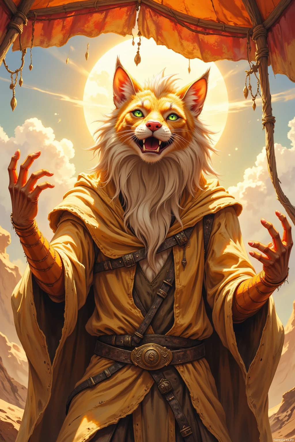 A fantasy character with a fox-like head and long white beard, dressed in a yellow robe, stands under a canopy with a bright sun in the background.