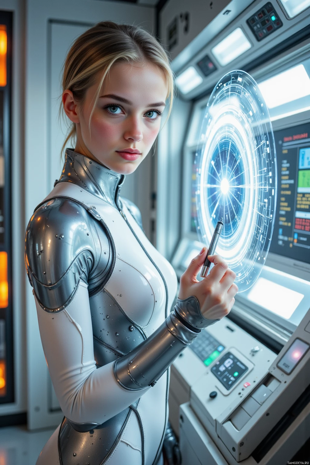 A person in a futuristic, metallic suit stands in a high-tech environment, holding a pen near a glowing circular interface.