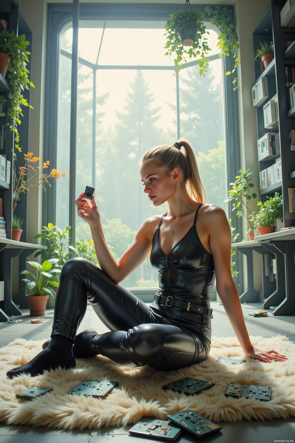 A woman in a black leather outfit sits on a fluffy rug, holding a small device, with electronic components scattered around.