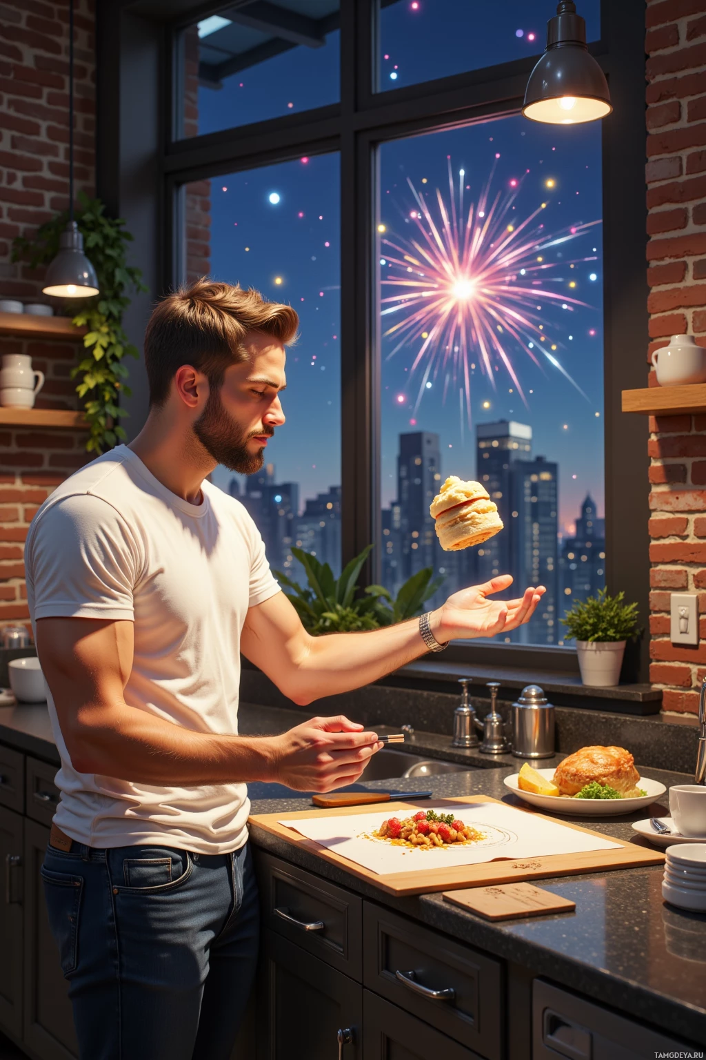 A man stands in a kitchen, looking out a window at fireworks, with food on the counter.