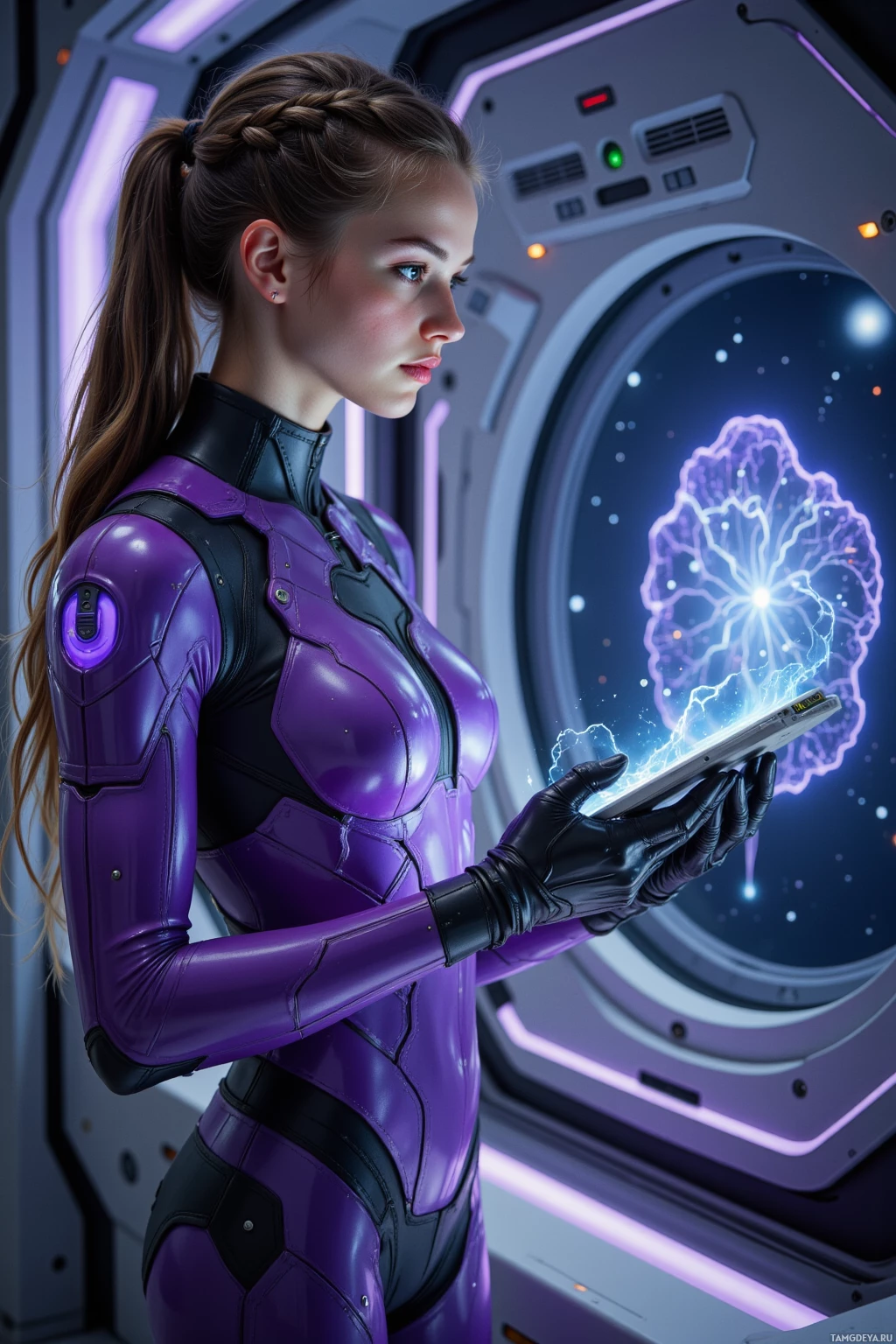 A person in a futuristic purple suit holds a glowing device in a sci-fi setting.