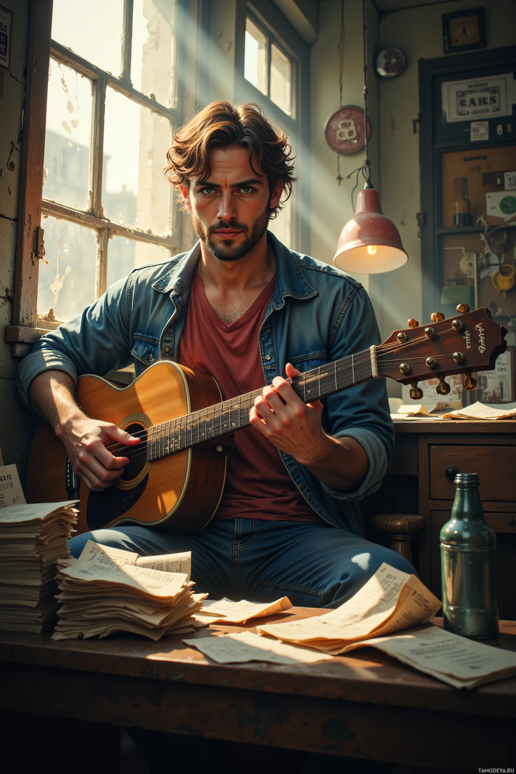 A man sits in a sunlit room, playing an acoustic guitar.