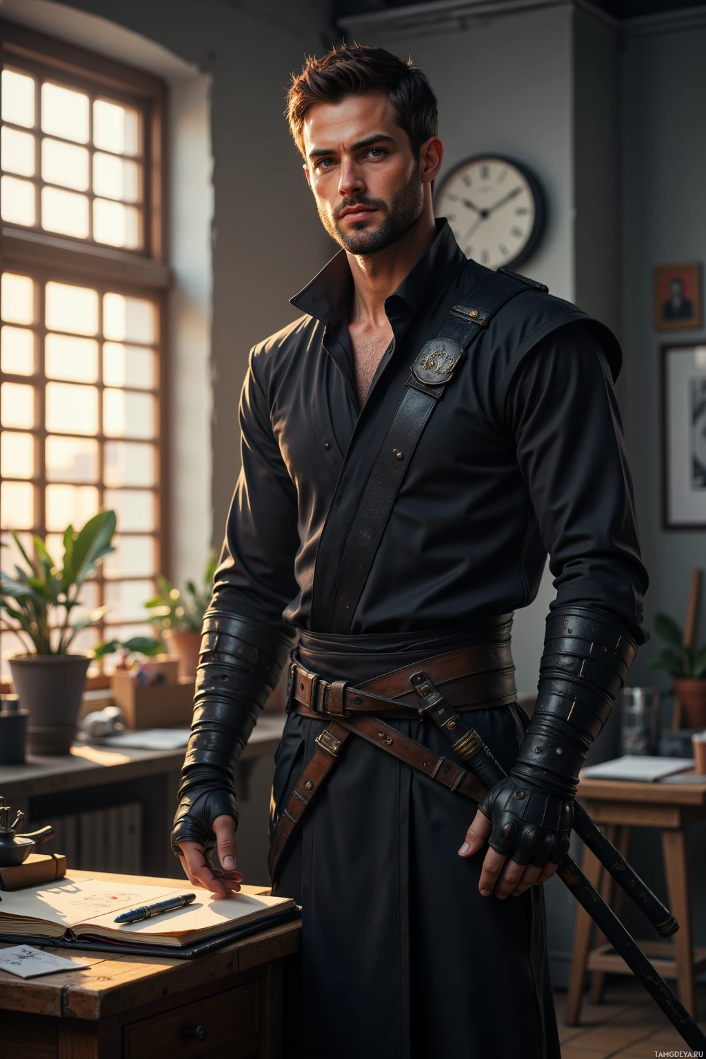 A man in a black leather outfit stands in a room with a clock and desk.