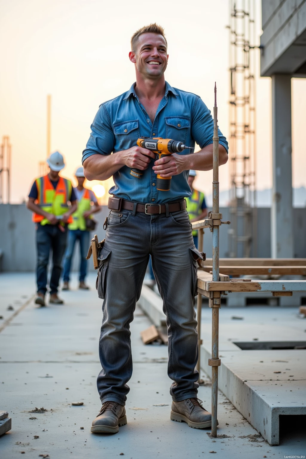 A construction worker holds a drill on a site with others in the background.