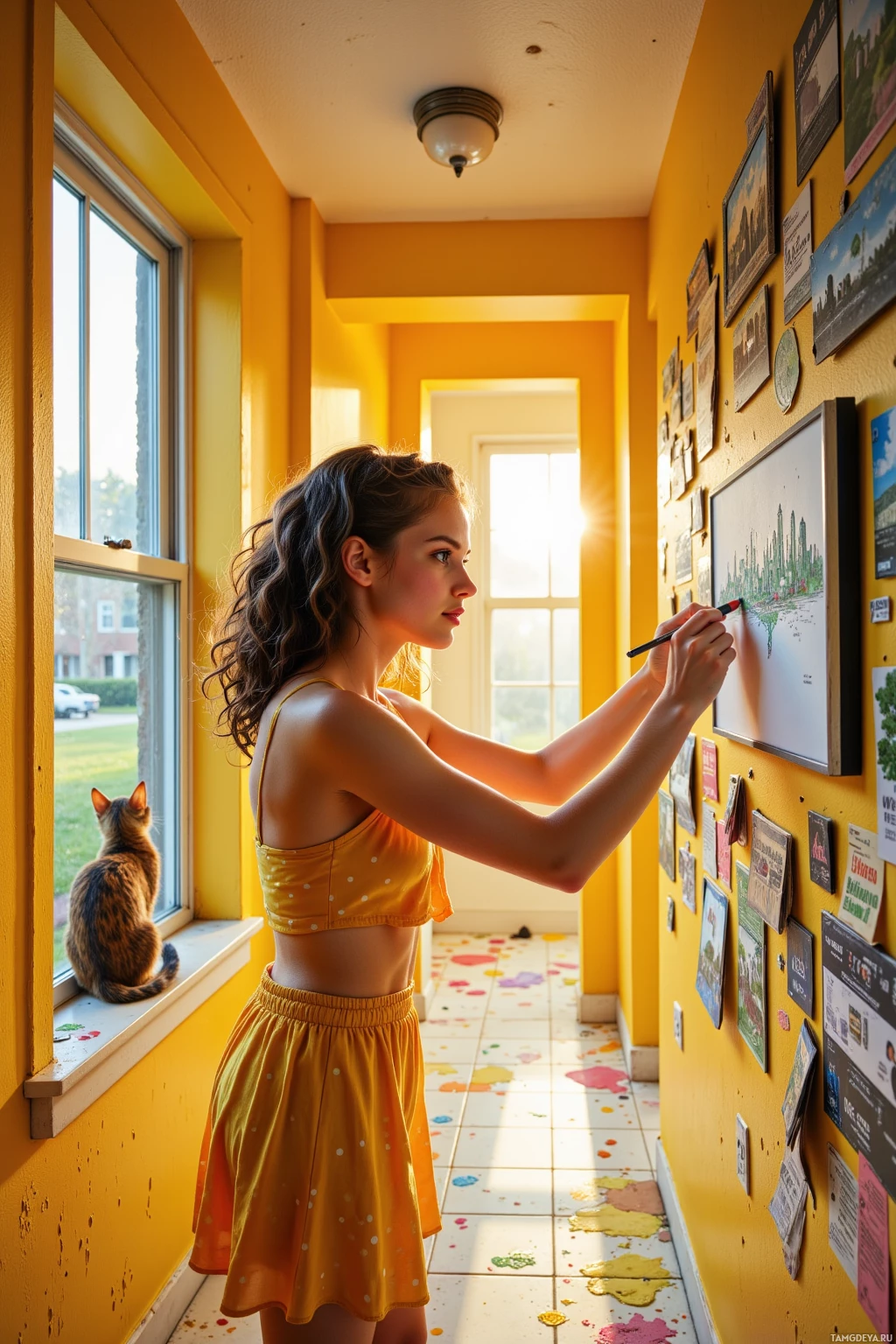 A woman in a yellow dress paints on a wall in a sunlit room with a cat sitting by the window.