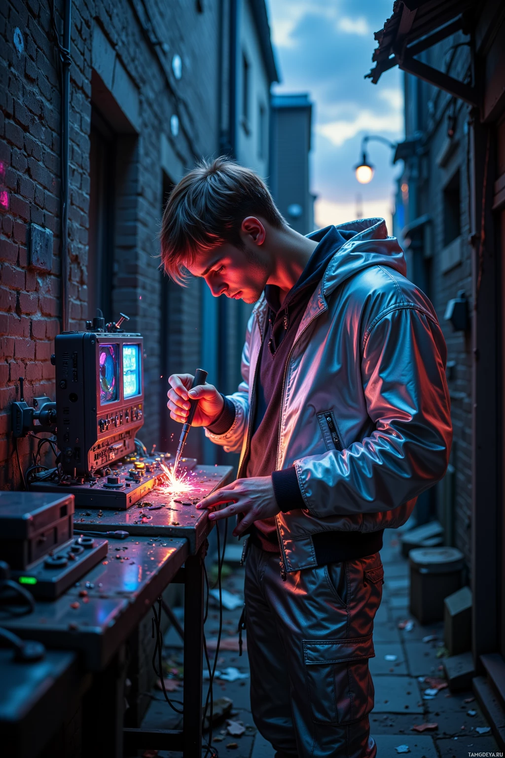 A person works on a device with sparks in an alleyway.