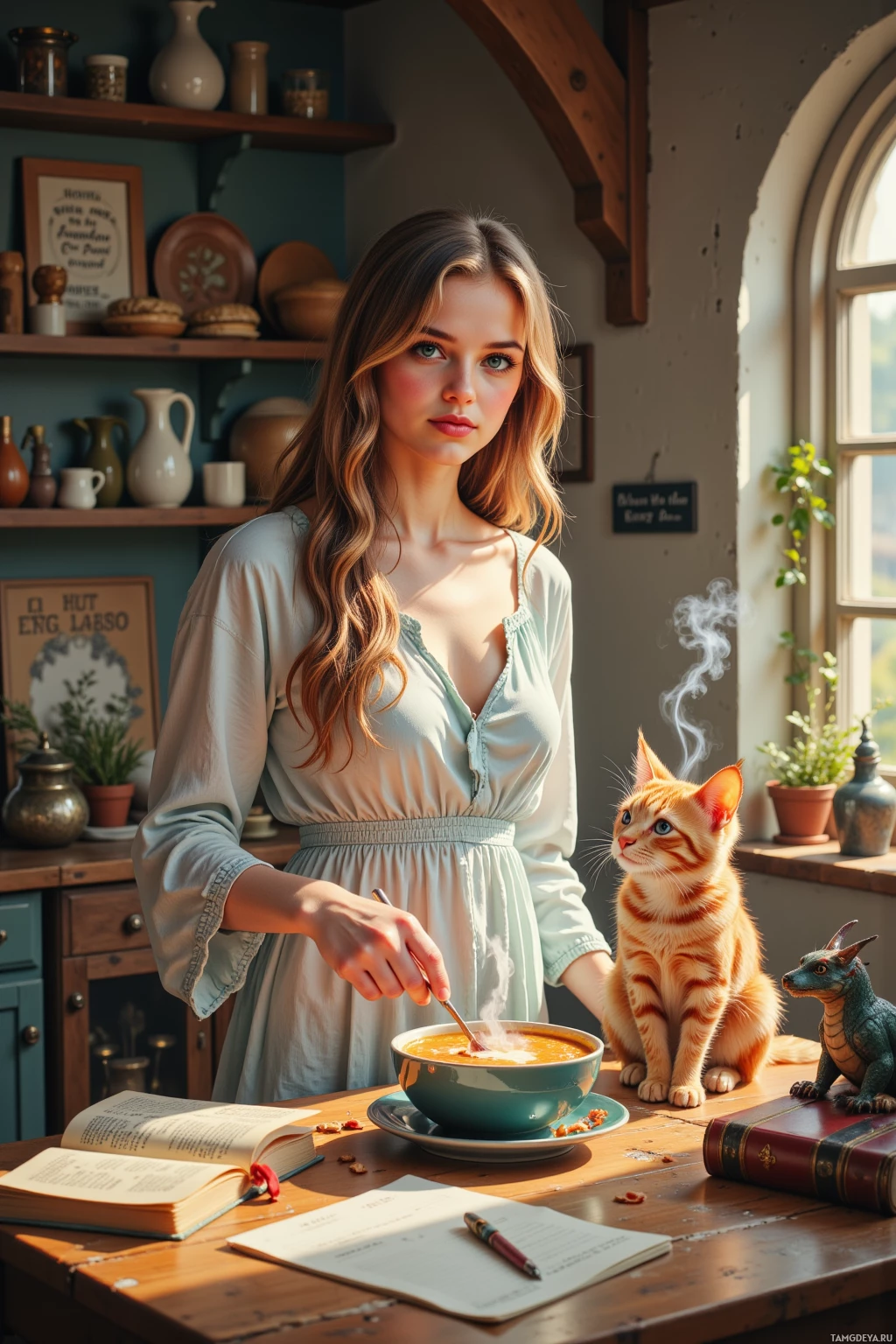 A woman in a light blue dress stands at a table with a bowl of soup, a cat, and books.