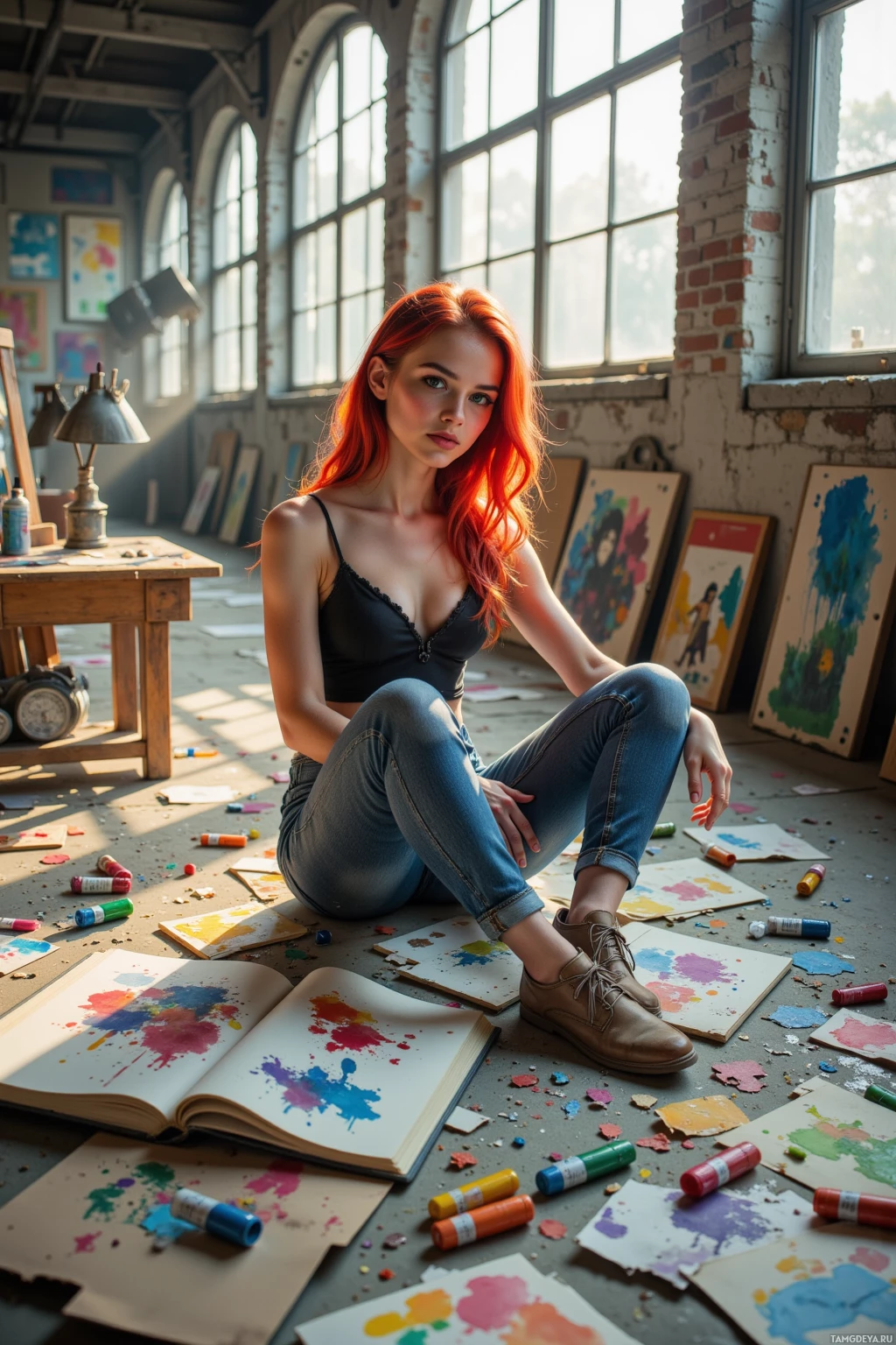 A woman with red hair sits in an art studio surrounded by colorful paint splatters and art supplies.
