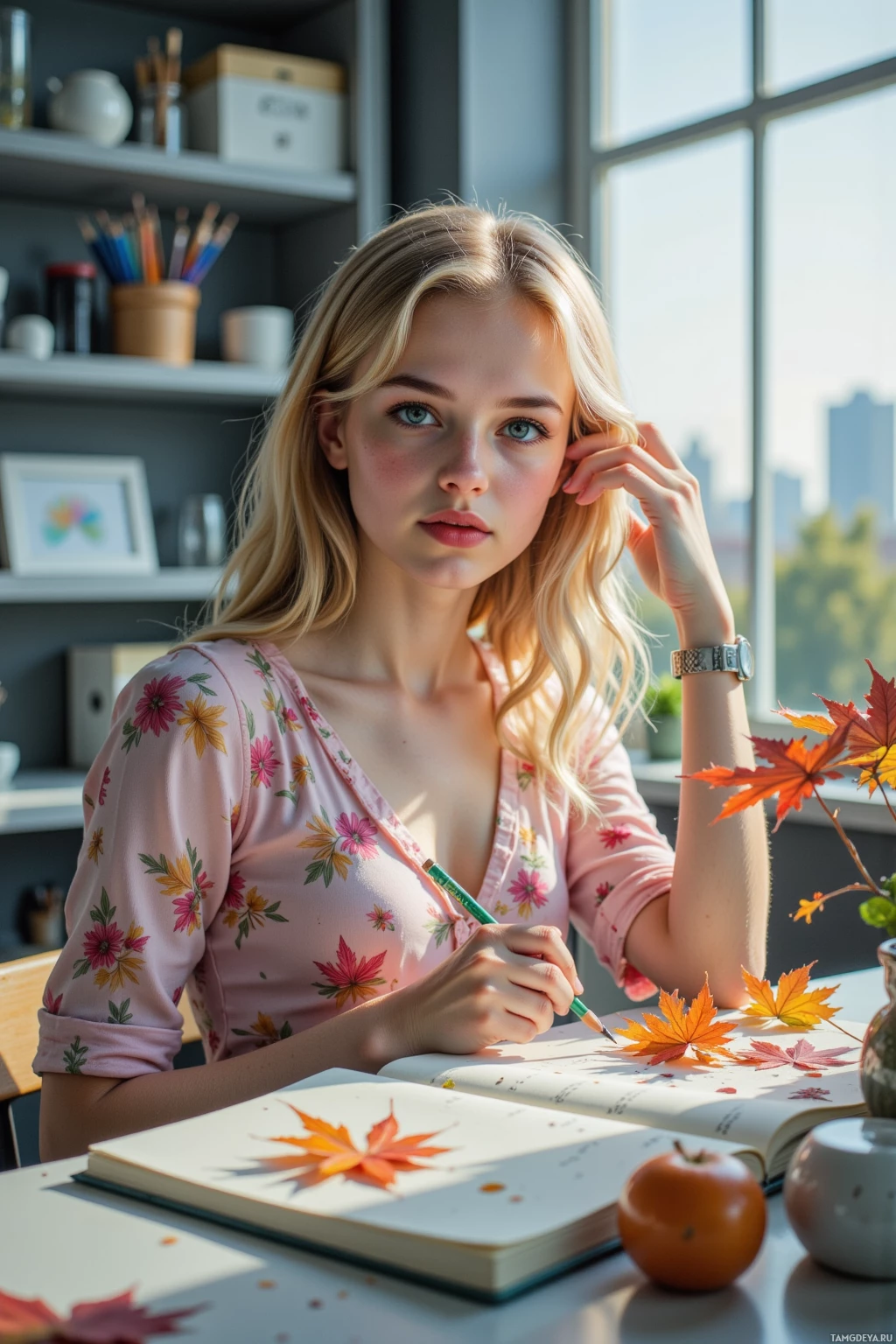 A woman with blonde hair sits at a desk, holding a pencil, with autumn leaves and an apple on the table.