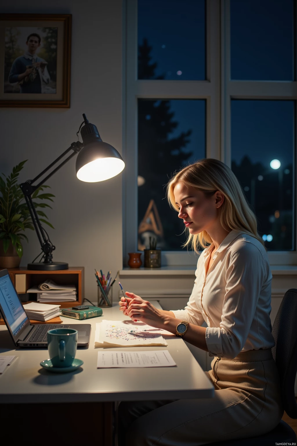 A woman sits at a desk in a dimly lit room, working on a document under a desk lamp.