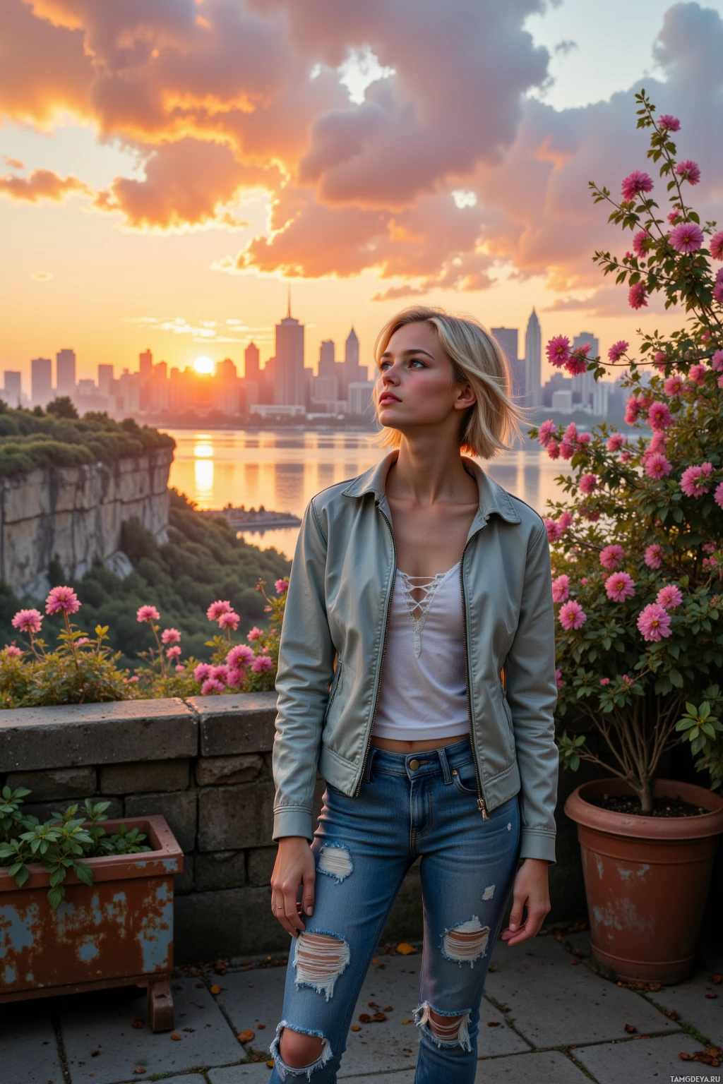 A woman stands on a rooftop with a city skyline and sunset in the background.