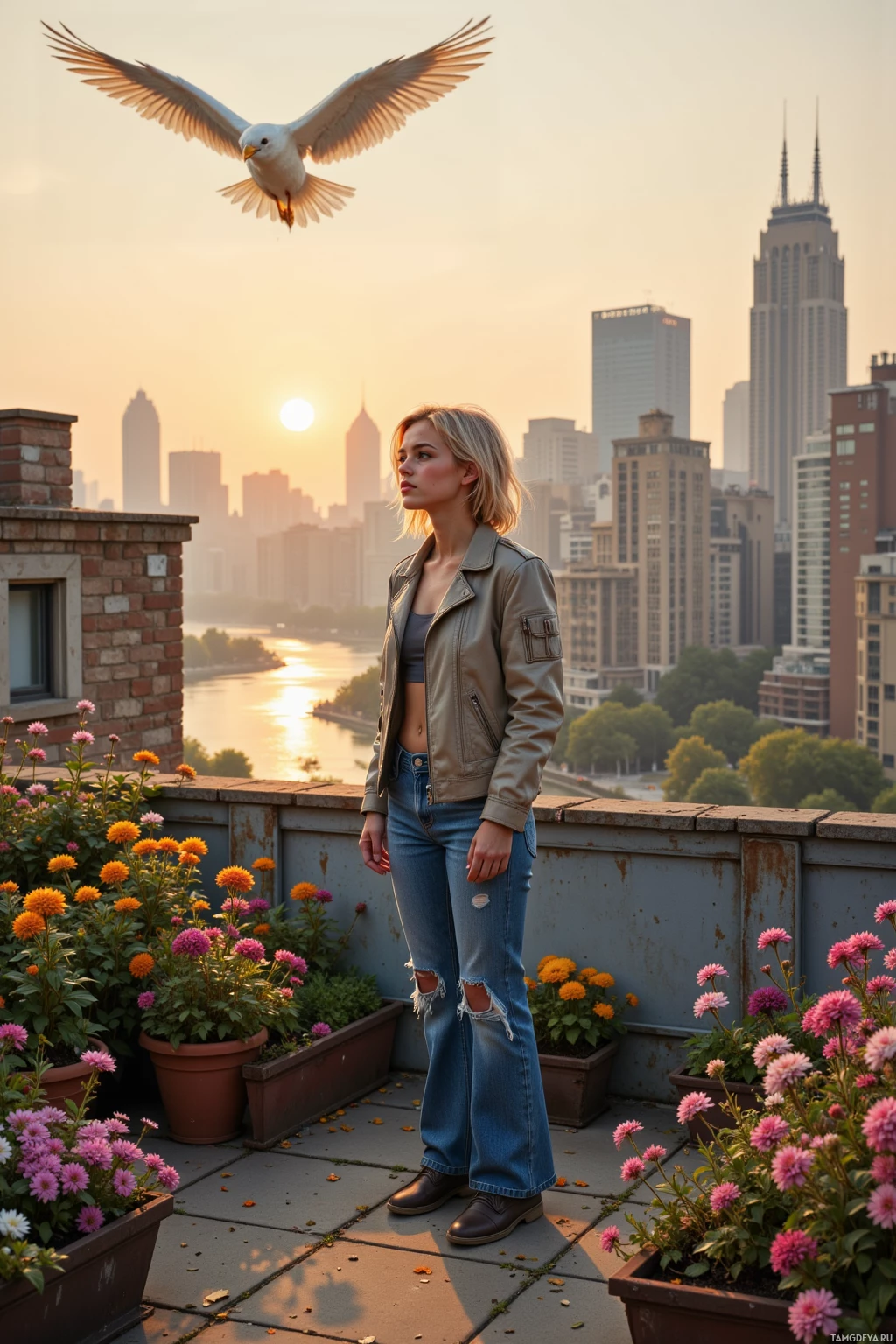 A woman stands on a rooftop garden with a city skyline and a flying bird in the background.