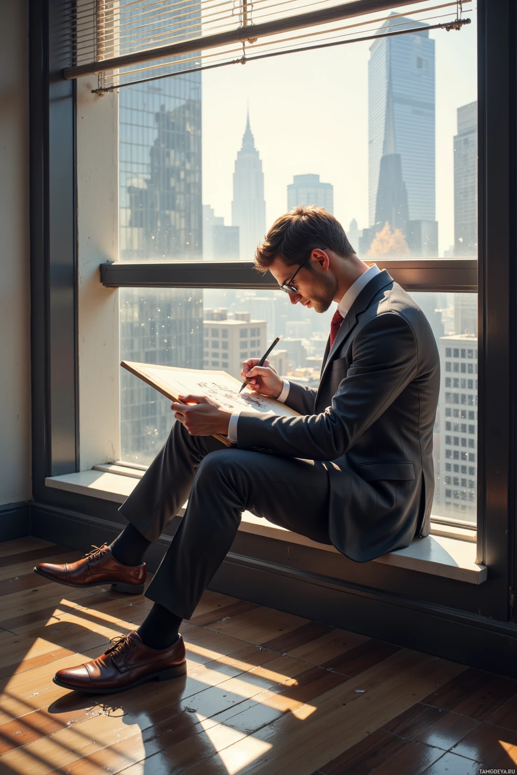 A man in a suit sits by a window, sketching on a pad.