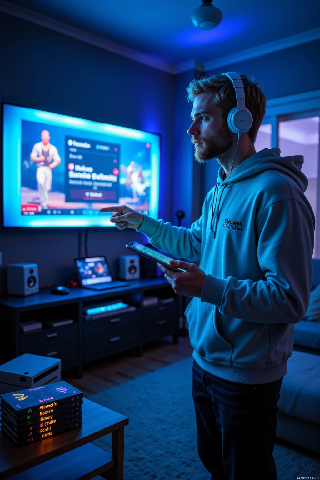 A person wearing headphones and a hoodie stands in a dimly lit room, pointing at a TV screen displaying a video.